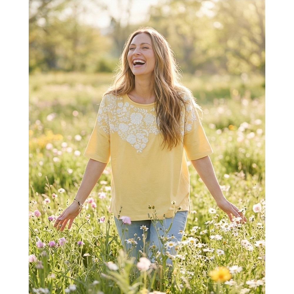 Joan Vass M1 Measures at 2X Yellow Floral Applique SS Cotton Top Cotton NEW